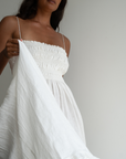 ELSA - WHITE Linen Lace Trim Shirred Dress