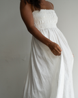 ELSA - WHITE Linen Lace Trim Shirred Dress