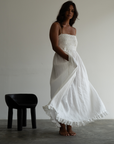 ELSA - WHITE Linen Lace Trim Shirred Dress