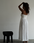 ELSA - WHITE Linen Lace Trim Shirred Dress