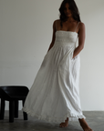 ELSA - WHITE Linen Lace Trim Shirred Dress