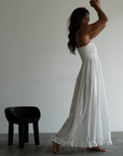ELSA - WHITE Linen Lace Trim Shirred Dress