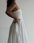 ELSA - WHITE Linen Lace Trim Shirred Dress