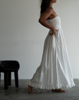 ELSA - WHITE Linen Lace Trim Shirred Dress