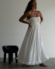 ELSA - WHITE Linen Lace Trim Shirred Dress