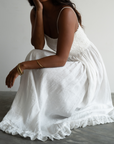 ELSA - WHITE Linen Lace Trim Shirred Dress