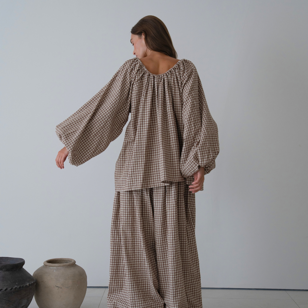 JOSIE - CINNAMON Linen Gingham Voluminous Blouse