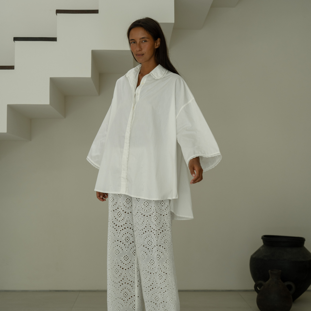 POPLIN - WHITE Lace Trim Shirt