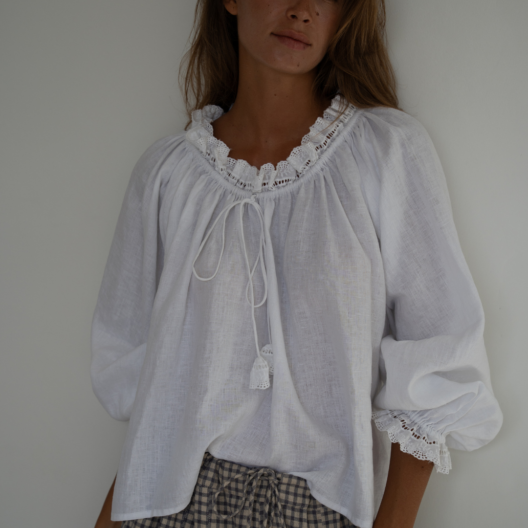 ESME - WHITE Linen &amp; Lace Blouse