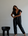 AD Short Sleeve - Black Linen Jumpsuit