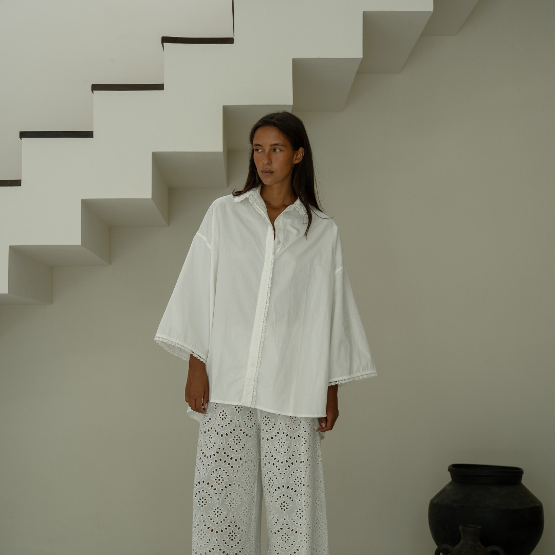 POPLIN - WHITE Lace Trim Shirt