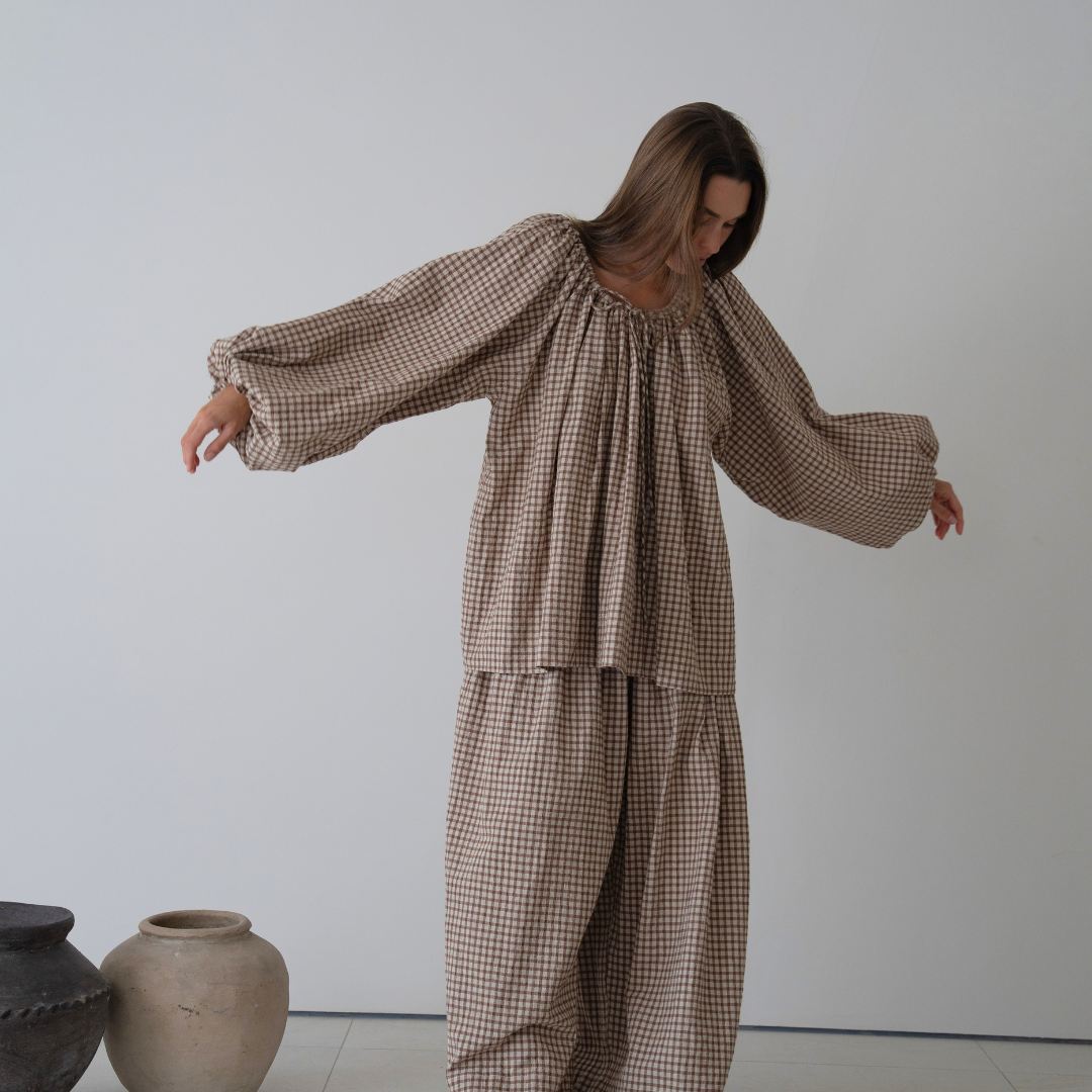 JOSIE - CINNAMON Linen Gingham Voluminous Blouse