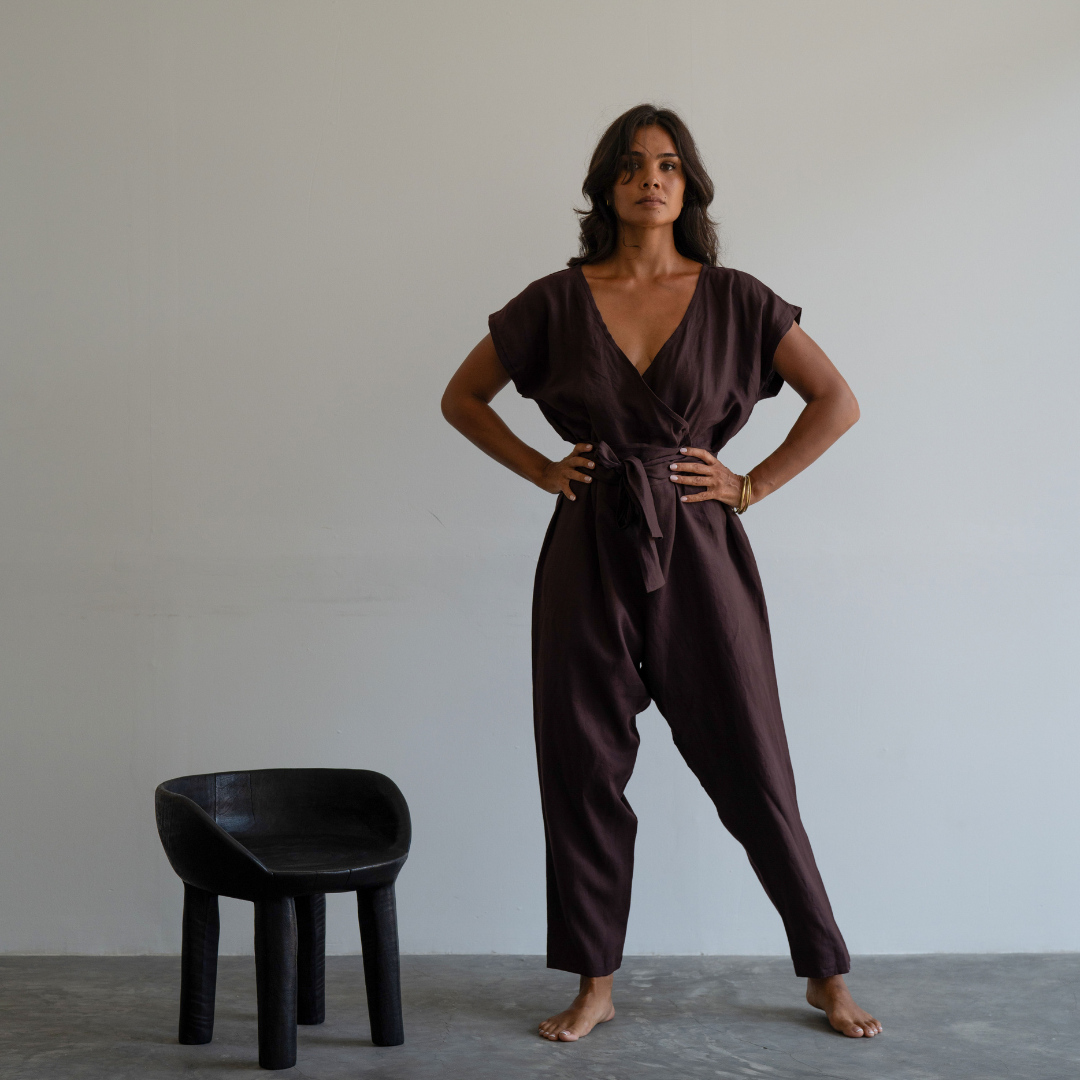 AD Short Sleeve - CHOCOLATE Linen Jumpsuit