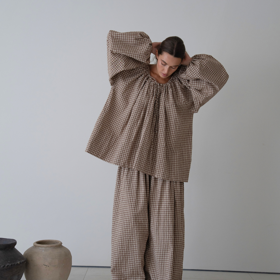 JOSIE - CINNAMON Linen Gingham Voluminous Blouse