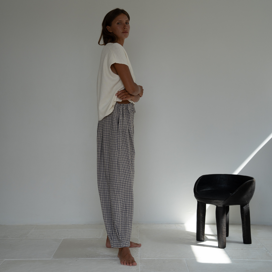 PRE-ORDER MARLO PLEAT - WISTERIA GINGHAM Linen Pant
