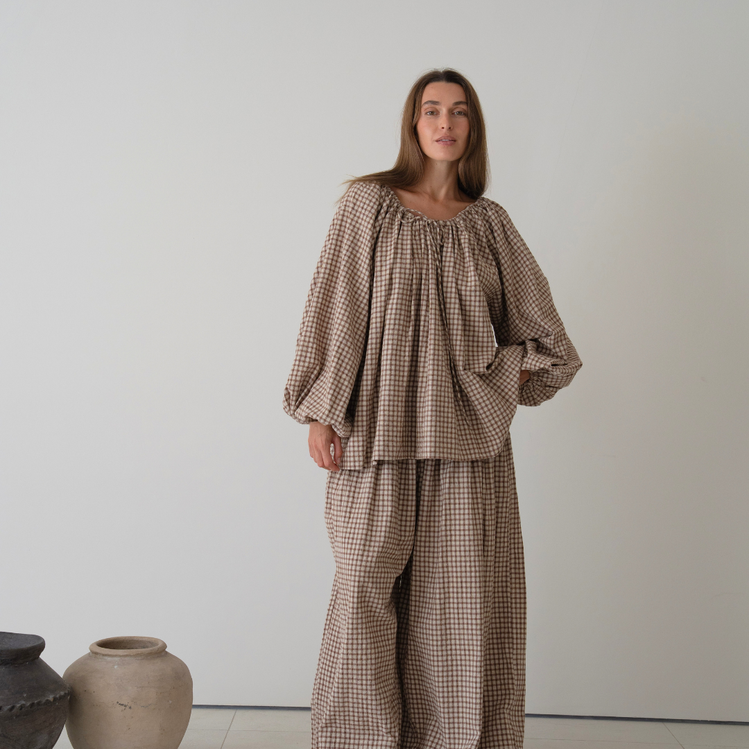 JOSIE - CINNAMON Linen Gingham Voluminous Blouse