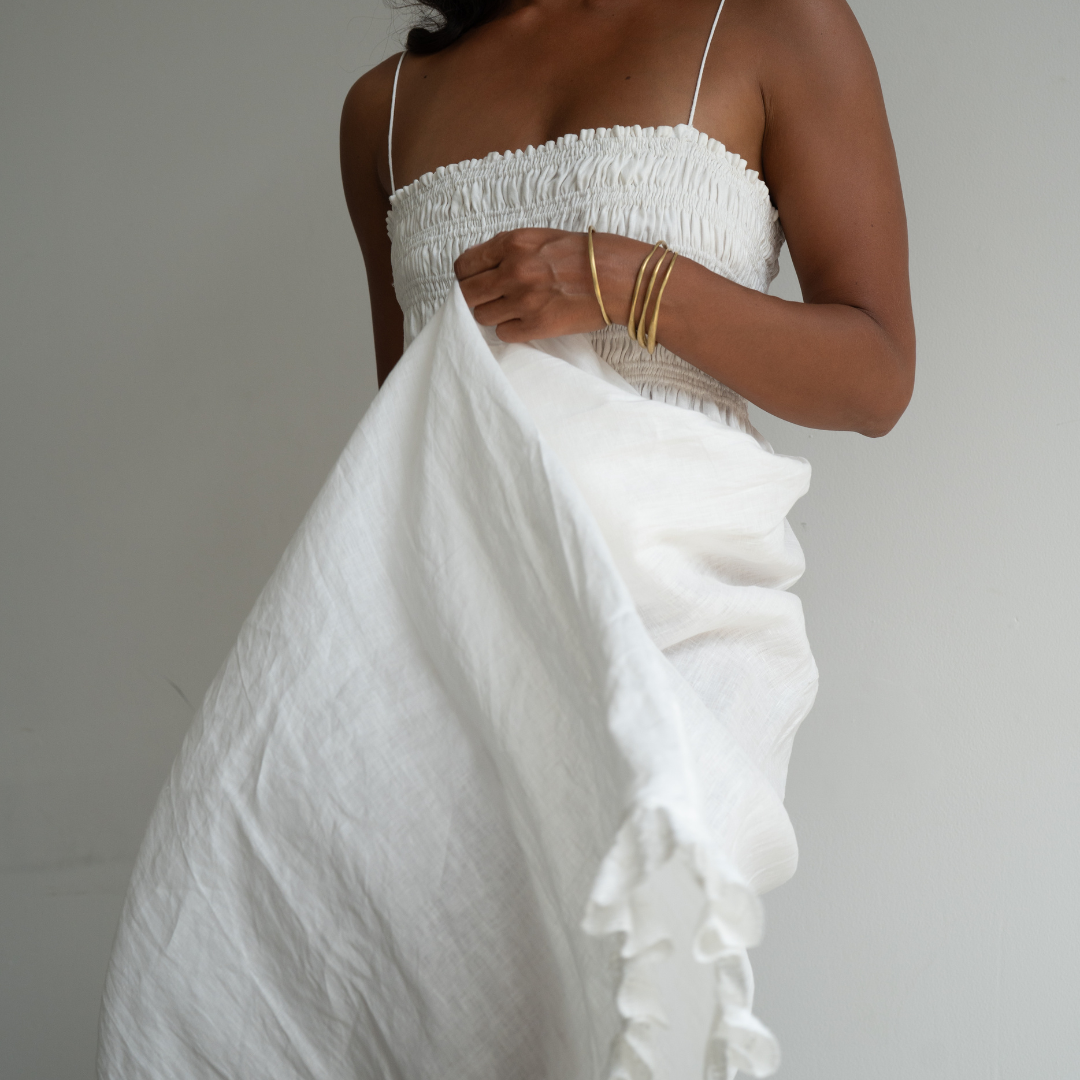ELSA - WHITE Linen Lace Trim Shirred Dress