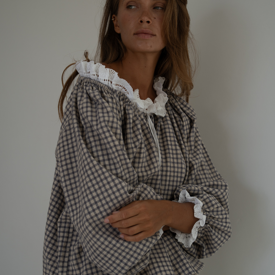 ESME - WISTERIA Gingham &amp; Lace Blouse