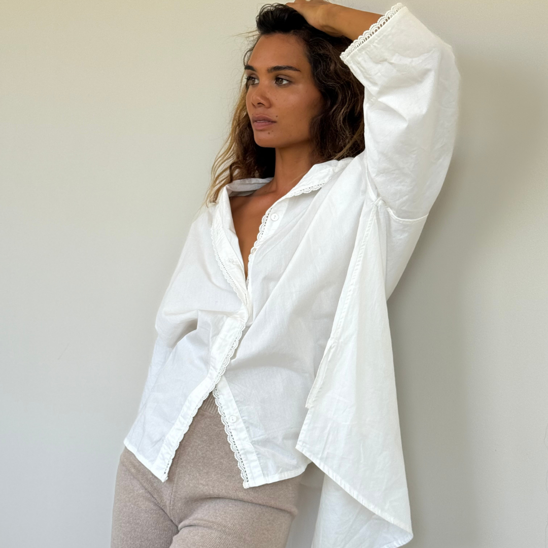 PRE-ORDER POPLIN - WHITE Lace Trim Shirt
