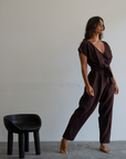 AD Short Sleeve - CHOCOLATE Linen Jumpsuit