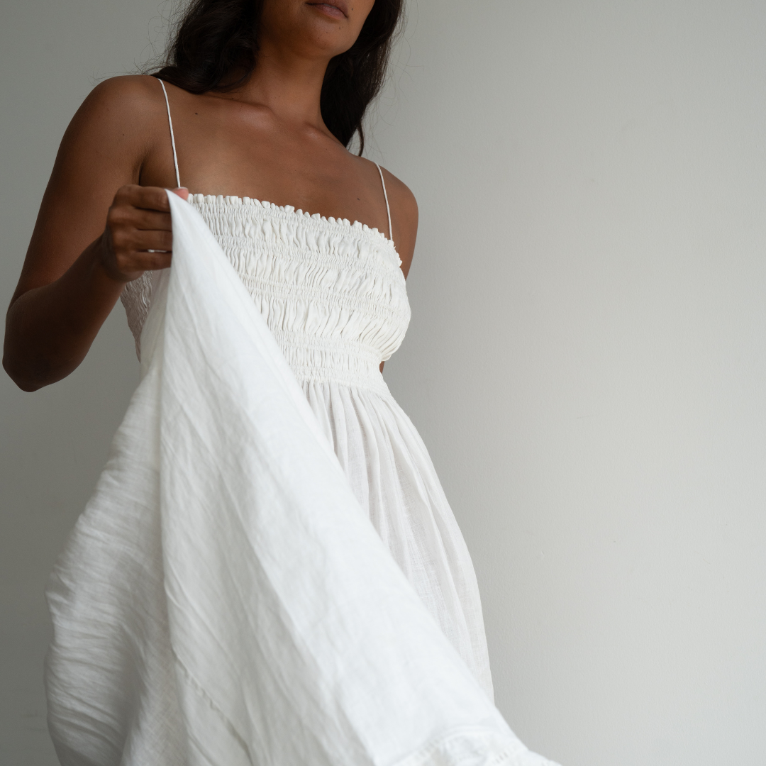 ELSA - WHITE Linen Lace Trim Shirred Dress