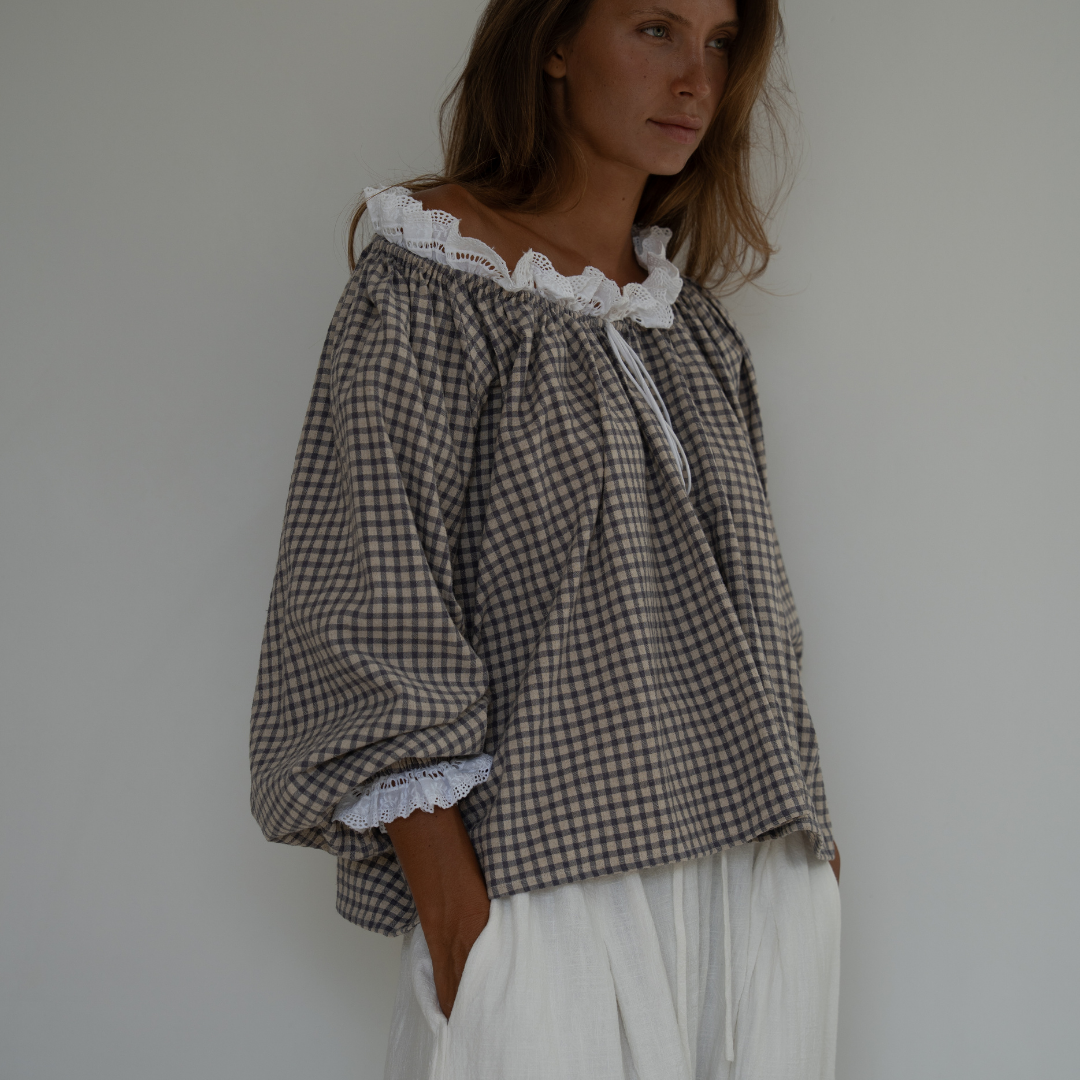 ESME - WISTERIA Gingham &amp; Lace Blouse