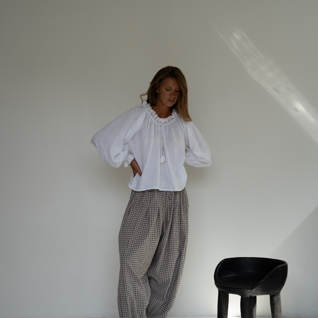ESME - WHITE Linen &amp; Lace Blouse