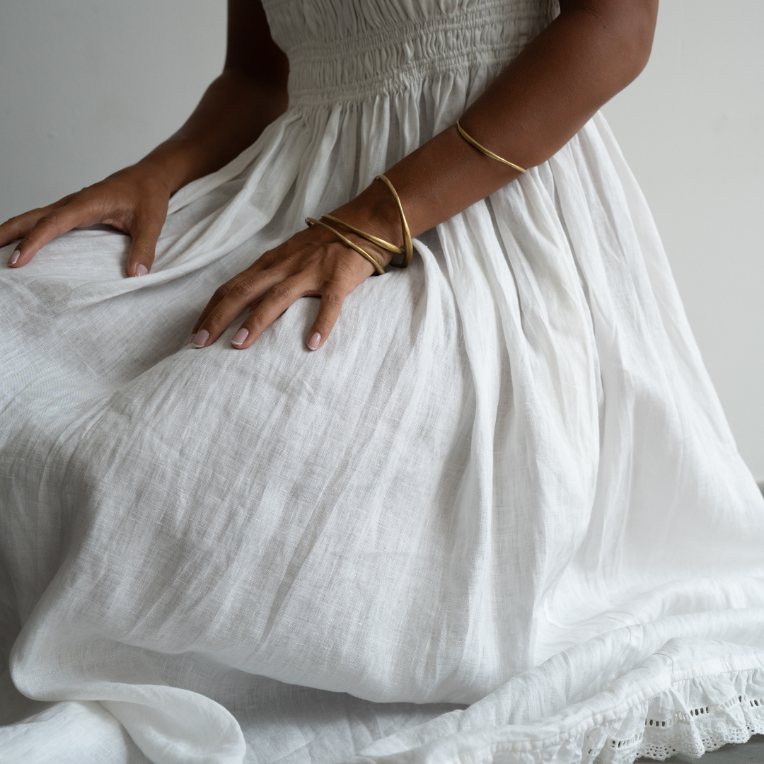 ELSA - WHITE Linen Lace Trim Shirred Dress