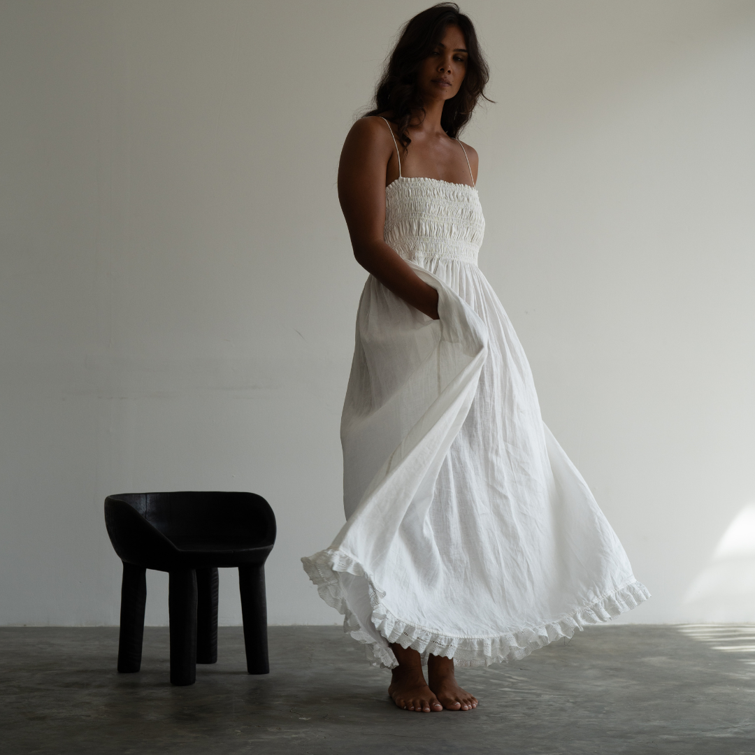 ELSA - WHITE Linen Lace Trim Shirred Dress