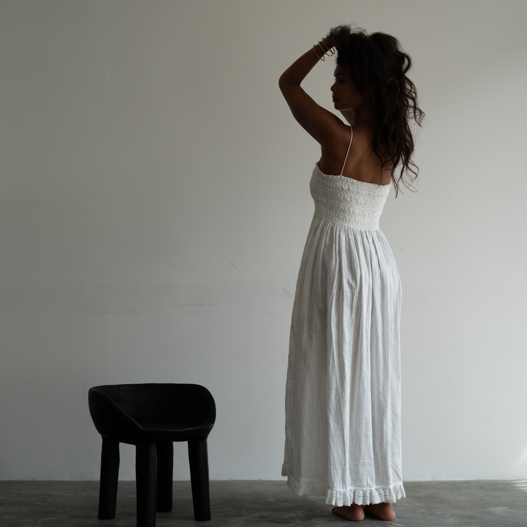 ELSA - WHITE Linen Lace Trim Shirred Dress