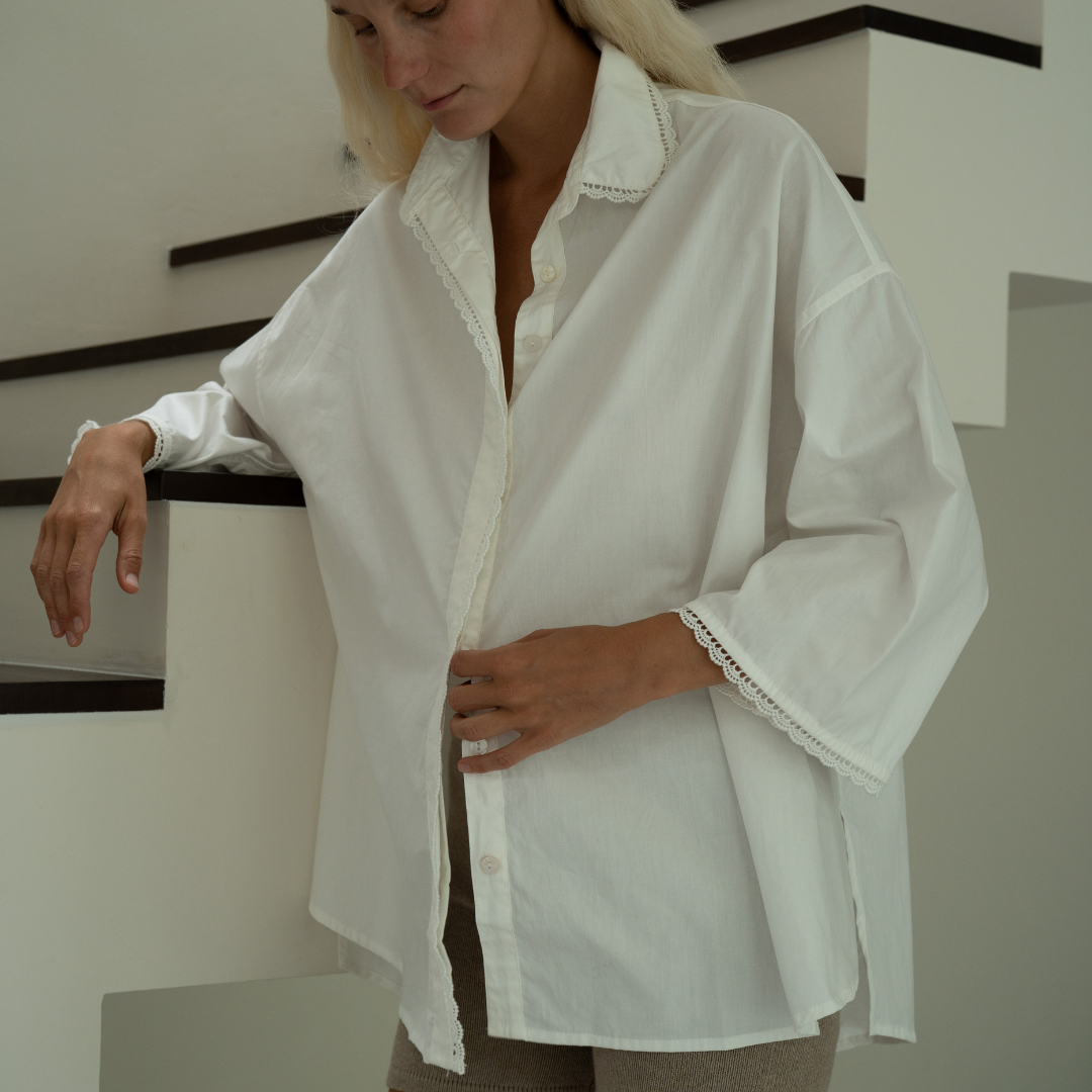 POPLIN - WHITE Lace Trim Shirt