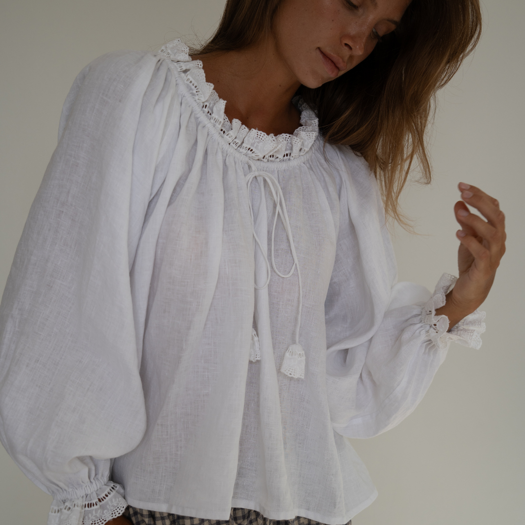 ESME - WHITE Linen &amp; Lace Blouse