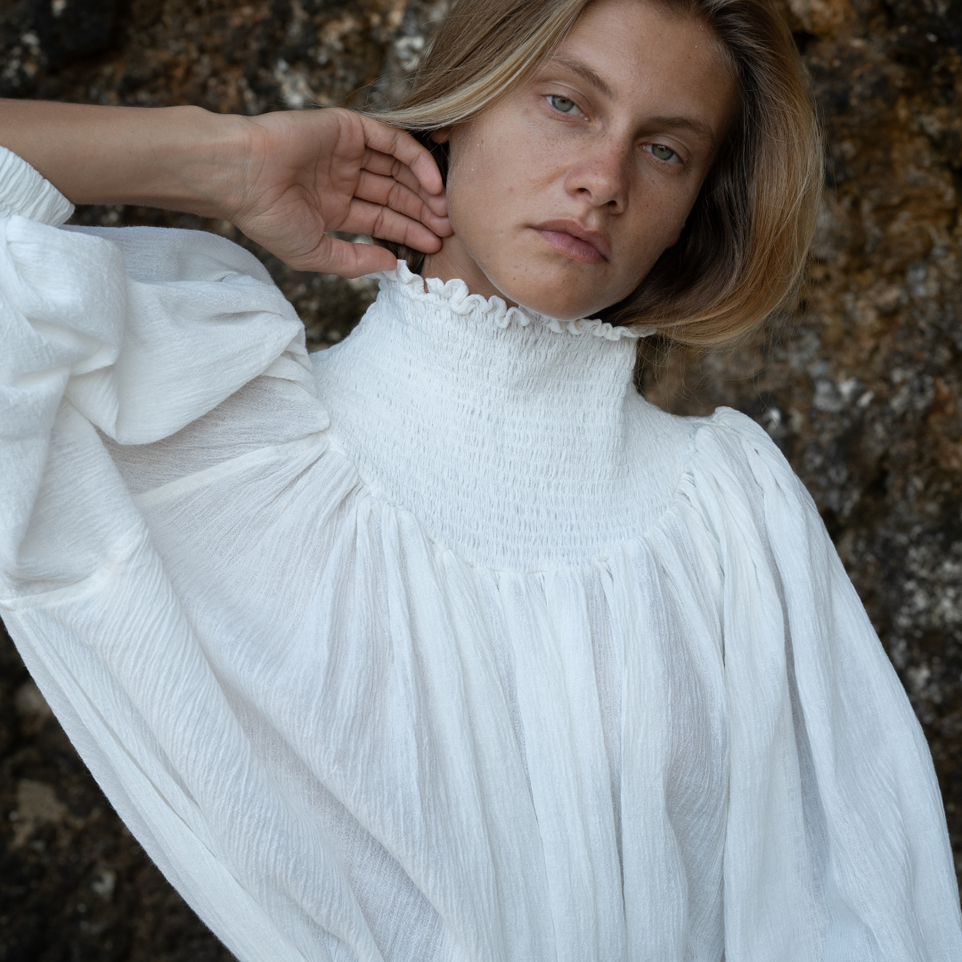 white linen collared dress Linen Three Quarter Sleeve Maxi Shirt Dress - White