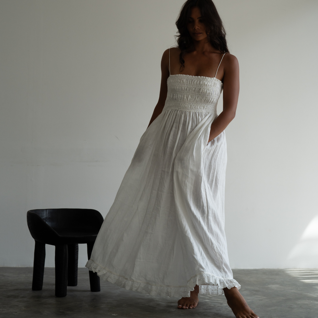 ELSA - WHITE Linen Lace Trim Shirred Dress