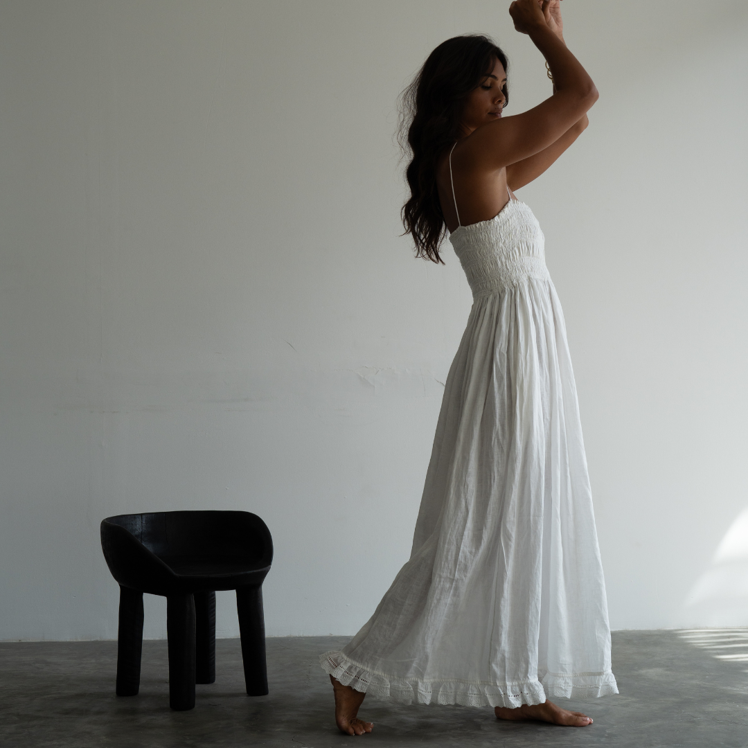 ELSA - WHITE Linen Lace Trim Shirred Dress