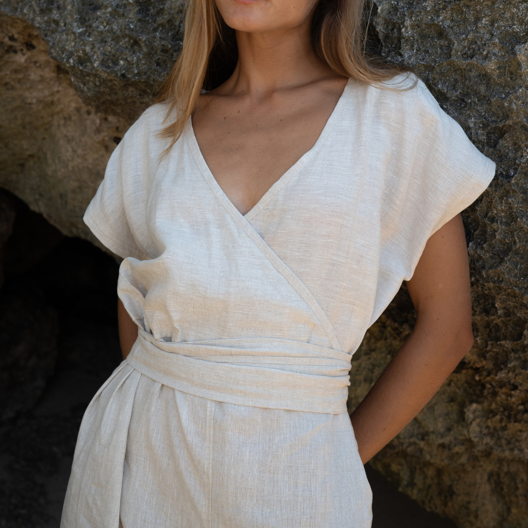 AD Short Sleeve - NATURAL Linen Jumpsuit