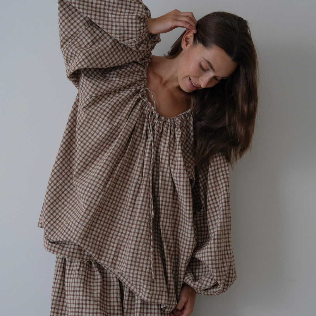 JOSIE - CINNAMON Linen Gingham Voluminous Blouse