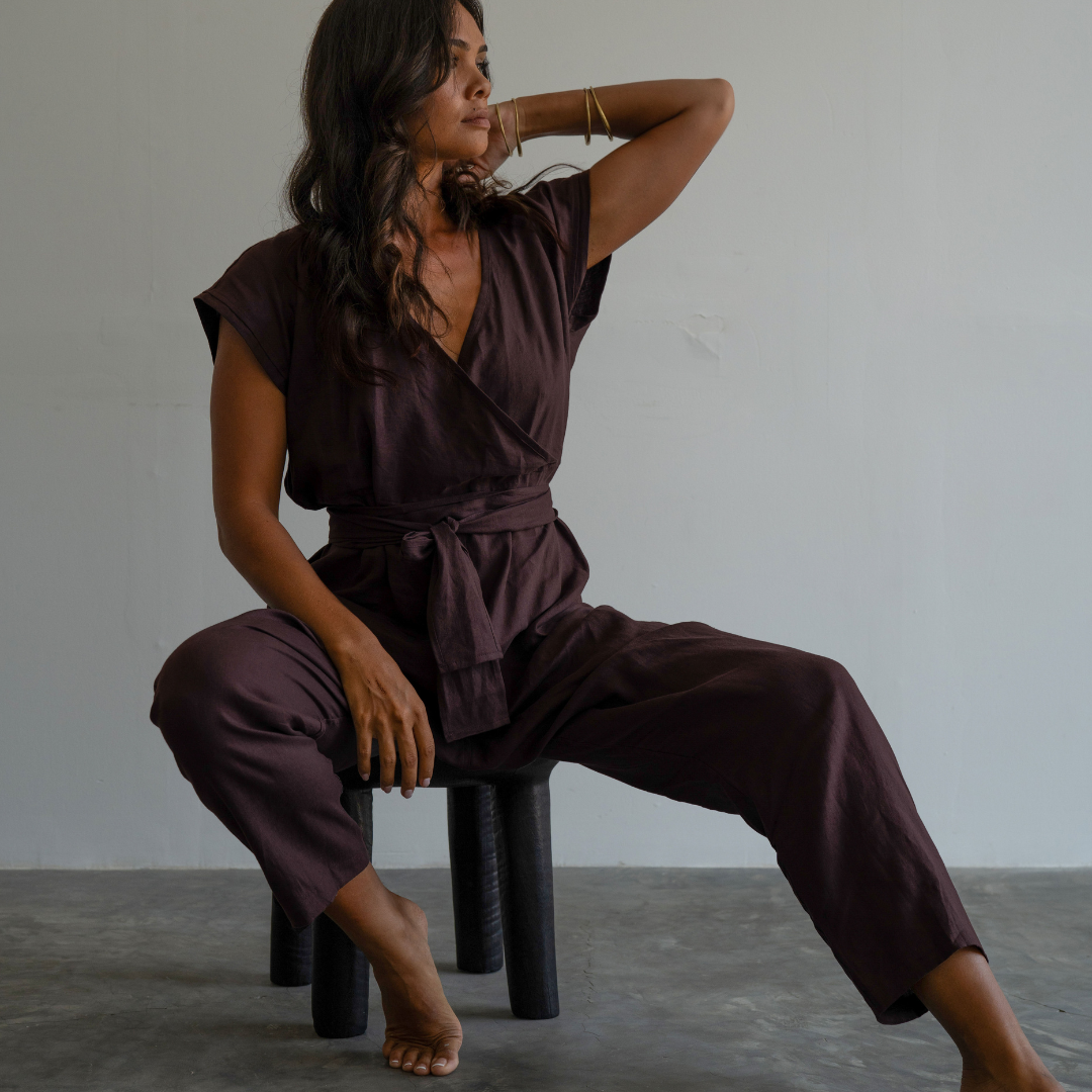 AD Short Sleeve - CHOCOLATE Linen Jumpsuit