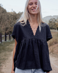 ONDINE - BLACK Scalloped Ramie Blouse