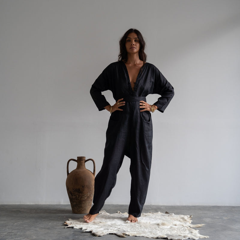 IRIS - BLACK Linen Jumpsuit
