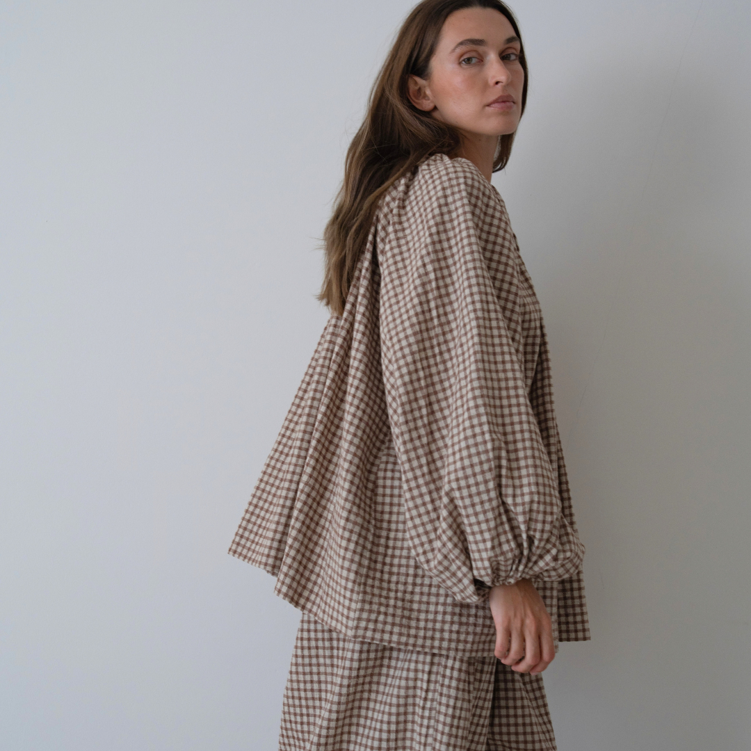 JOSIE - CINNAMON Linen Gingham Voluminous Blouse