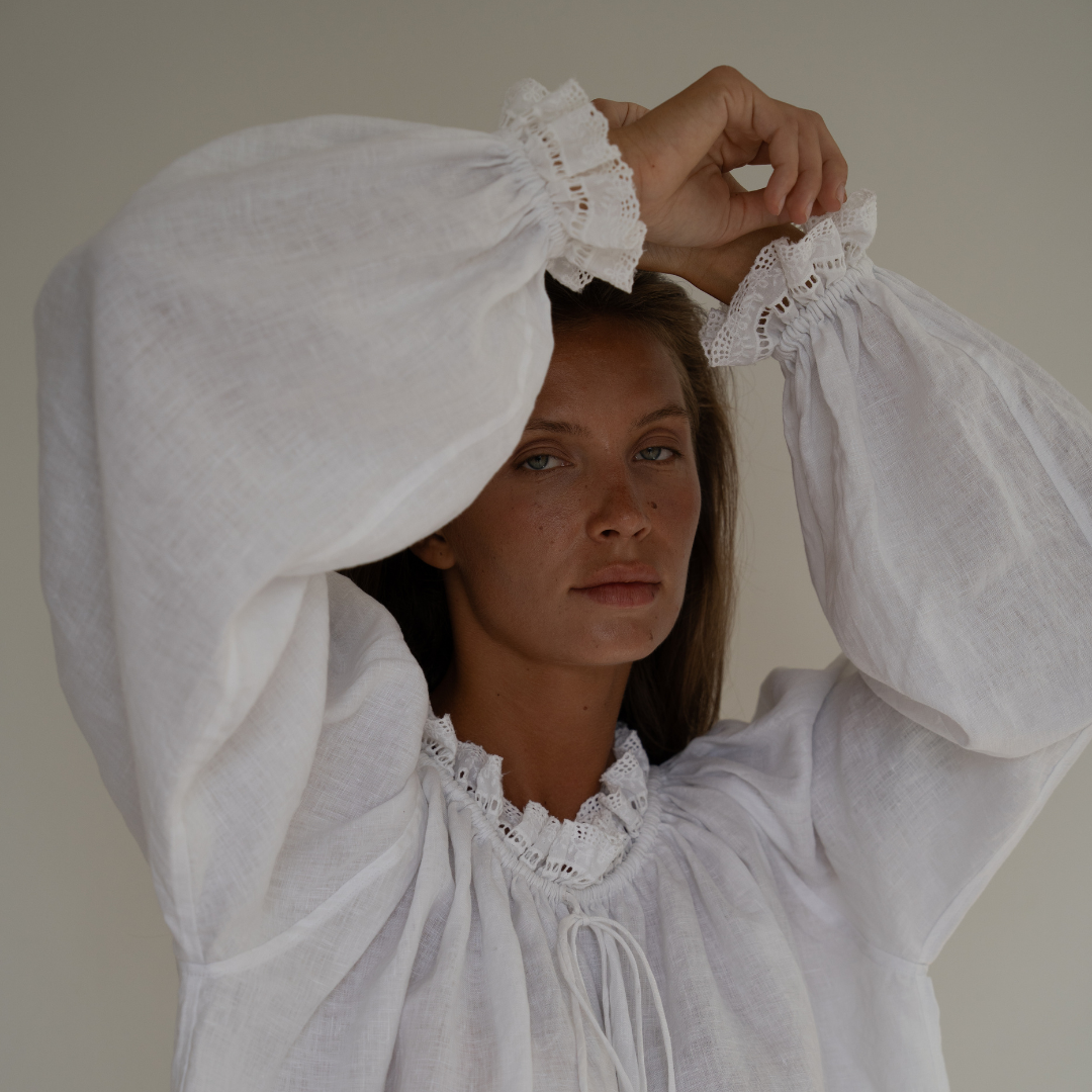 ESME - WHITE Linen &amp; Lace Blouse