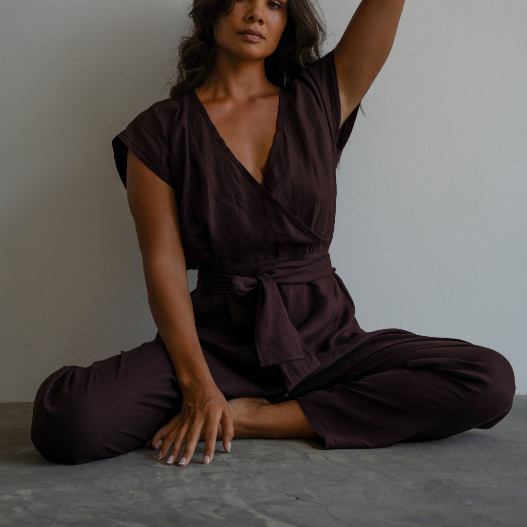 AD Short Sleeve - CHOCOLATE Linen Jumpsuit