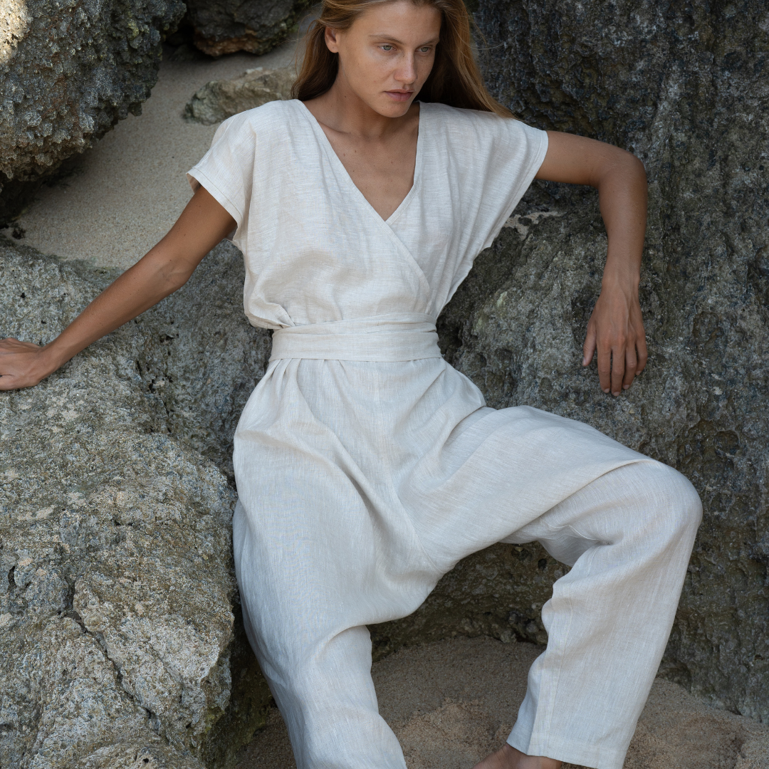 AD Short Sleeve - NATURAL Linen Jumpsuit