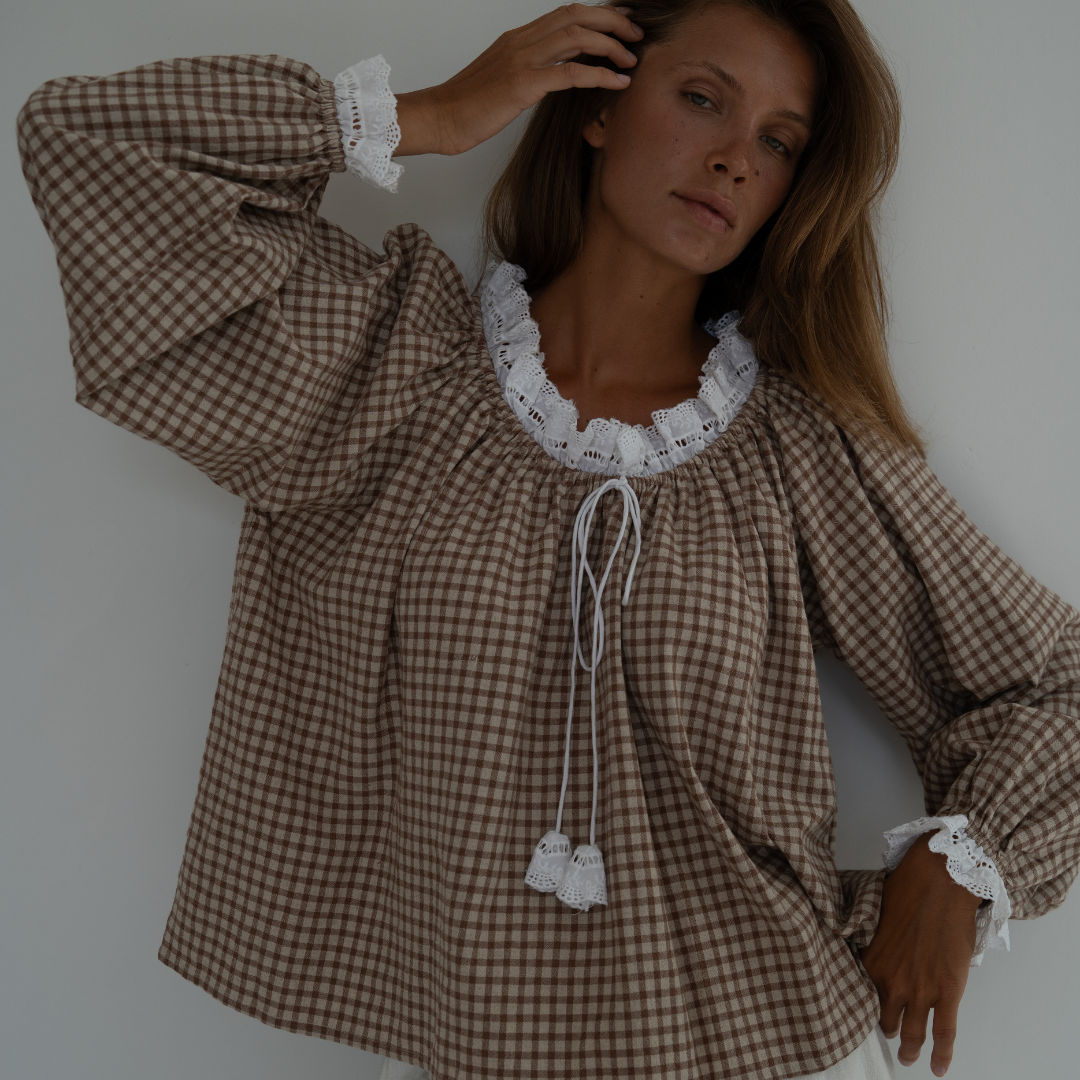 ESME - CINNAMON Gingham &amp; Lace Blouse