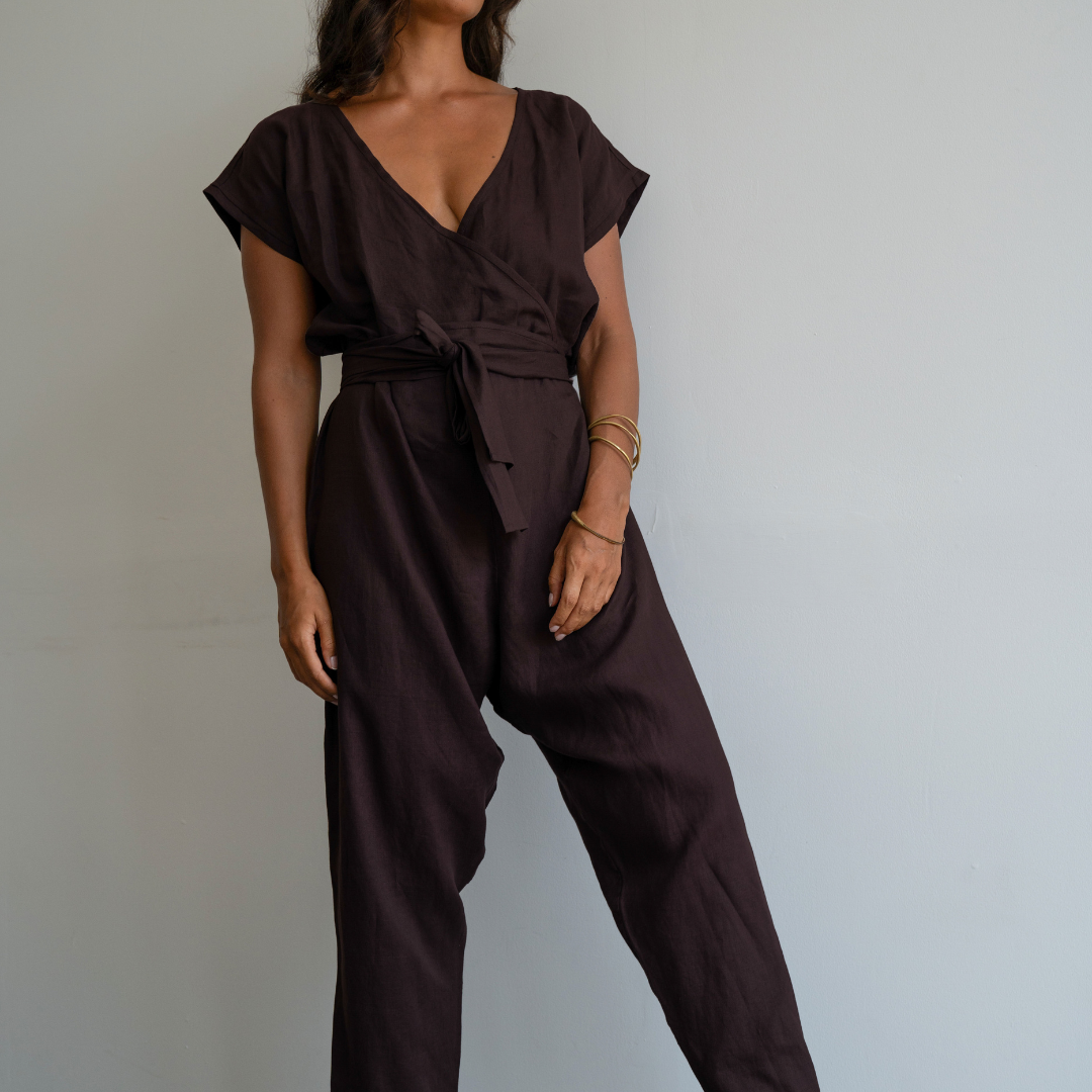 AD Short Sleeve - CHOCOLATE Linen Jumpsuit