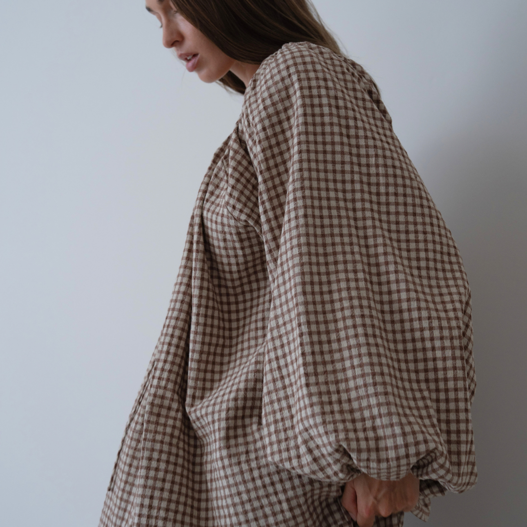 JOSIE - CINNAMON Linen Gingham Voluminous Blouse