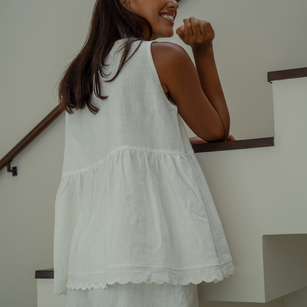 CLEO - WHITE Scalloped Ramie Top