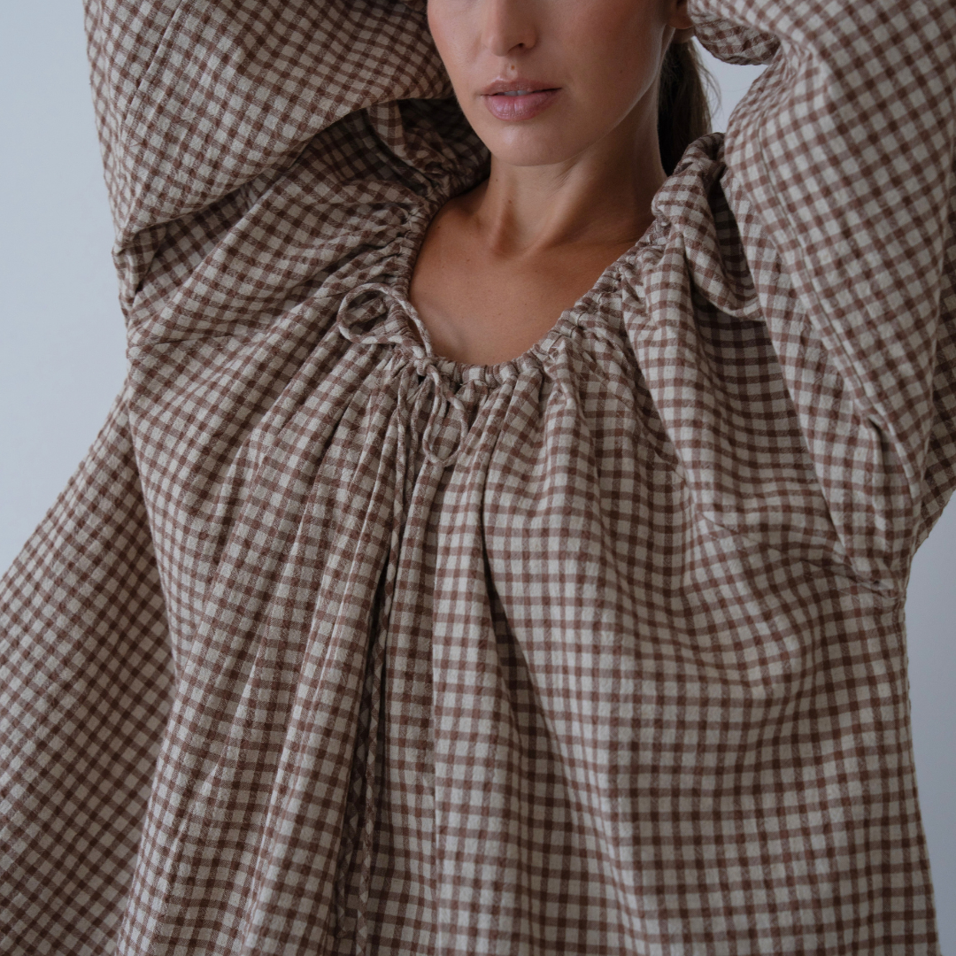 JOSIE - CINNAMON Linen Gingham Voluminous Blouse