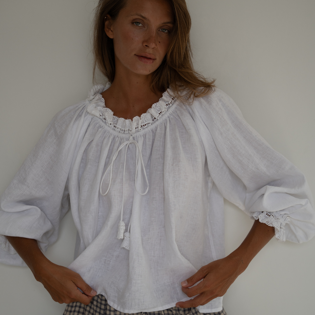 ESME - WHITE Linen &amp; Lace Blouse